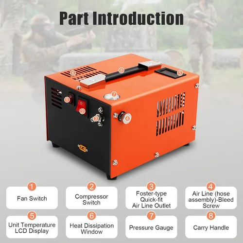 Vista 6 de Compresor de aire PCP, bomba de alta presión 30 Mpa para rifle de aire comprimido 4500 Psi, compresor portátil 110V AC/12V DC, sin aceite ni agua