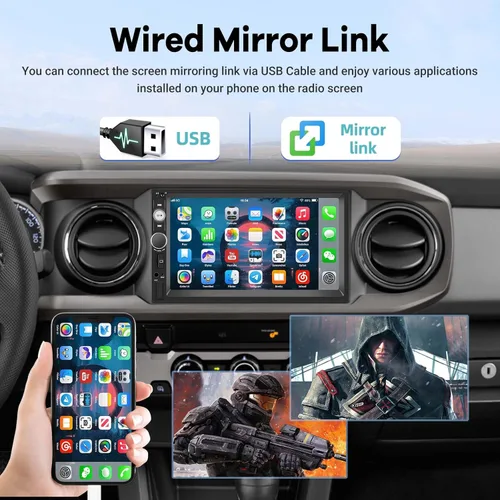 Vista 2 de Estéreo de auto de doble DIN con cámara inversa de 7 pulgadas, pantalla táctil de 2 DIN, radio de coche, soporte de espejo, enlace de espejo