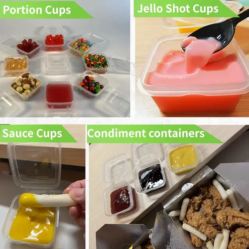 Vista 8 de Recipientes de 4 onzas y 2 onzas con tapas (paquete de 200), pequeños recipientes de plástico para condimentos con tapas, vasos de gelatina, tazas