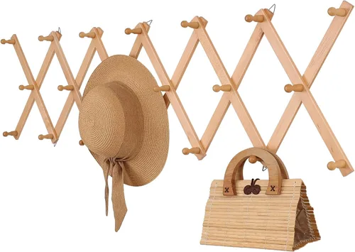 Vista 9 de SCUNDA Perchero de pared con 10 ganchos, perchero expandible de pared de madera para abrigos, sombreros, gorras de béisbol, taza de café, joyas Negro