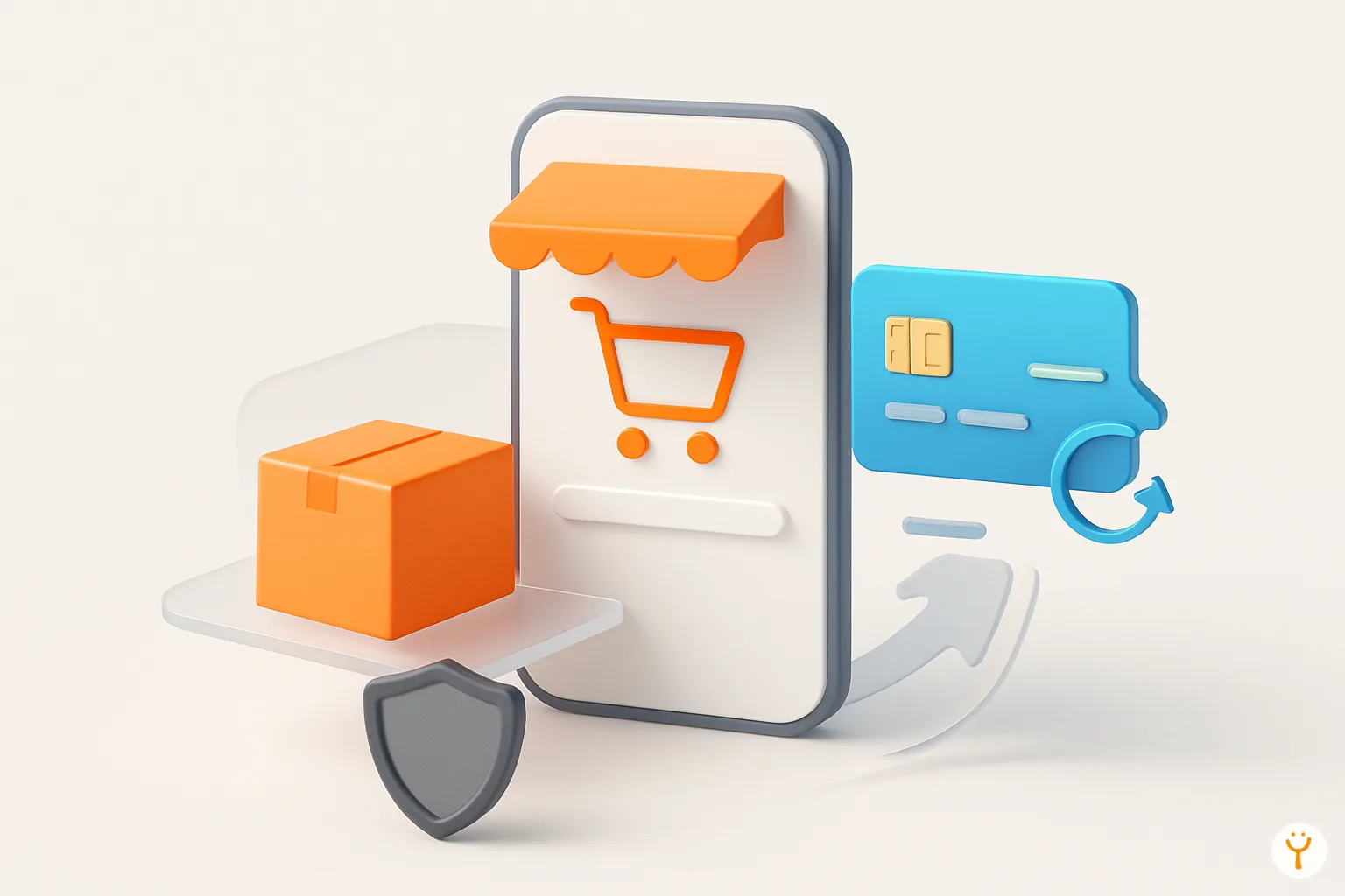 Composición 3D minimalista que representa velocidad, disponibilidad y continuidad en una tienda en línea